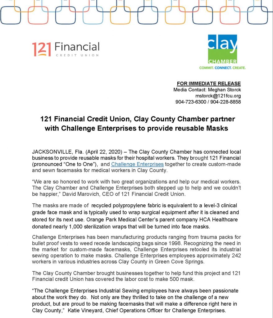 121 Financial Credit Union Mask Agreement with Challenge Enterprises