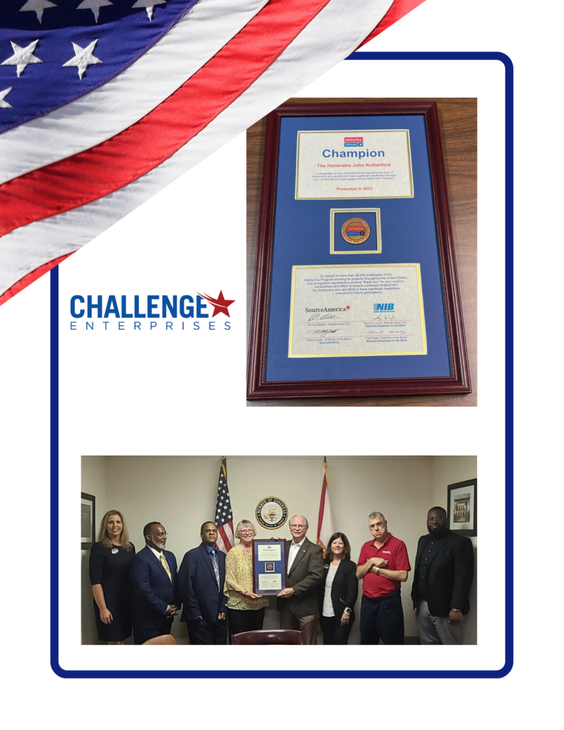 Image: John Rutherford, holding the AbilityOne Champion Award, presented by staff members of Challenge Enterprises, a nonprofit organization supporting disability employment.